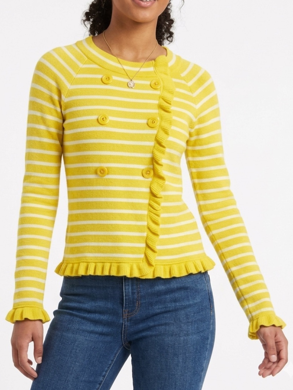J.Crew Katie Striped Double Breasted Ruffle Cardigan Sweater Yellow White Size S